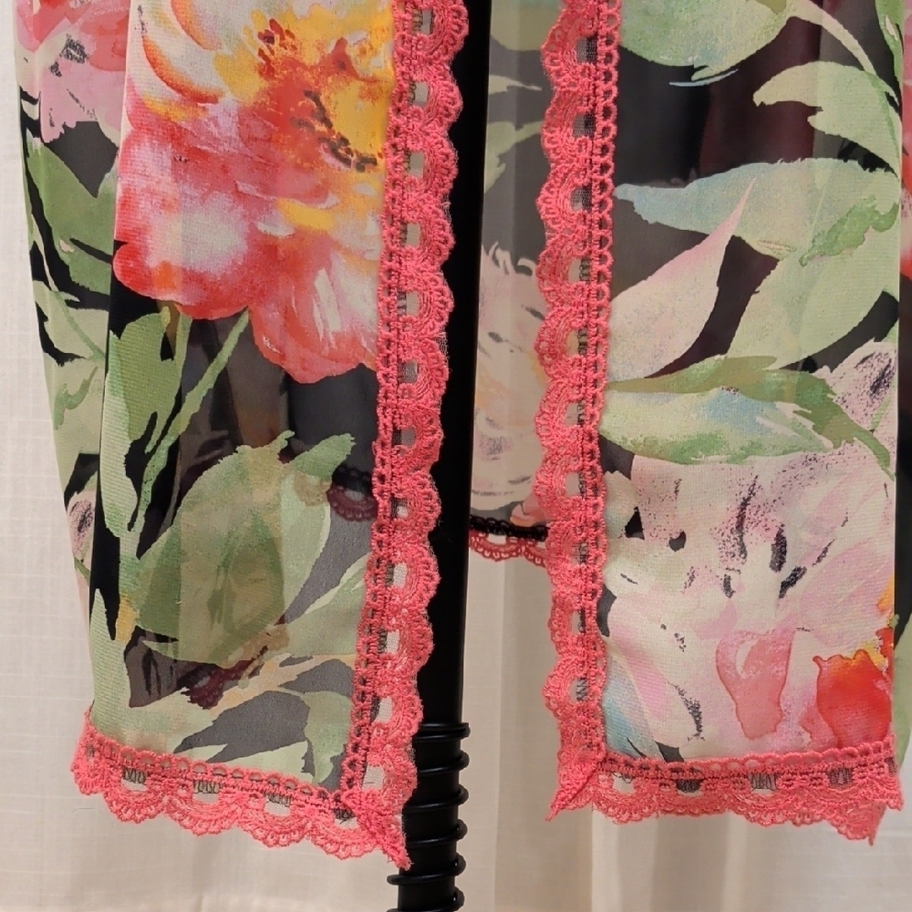 NWOT Sheer Floral Kimono -Pink Lace Trim- Swim Coverup XL - Picture 6 of 7
